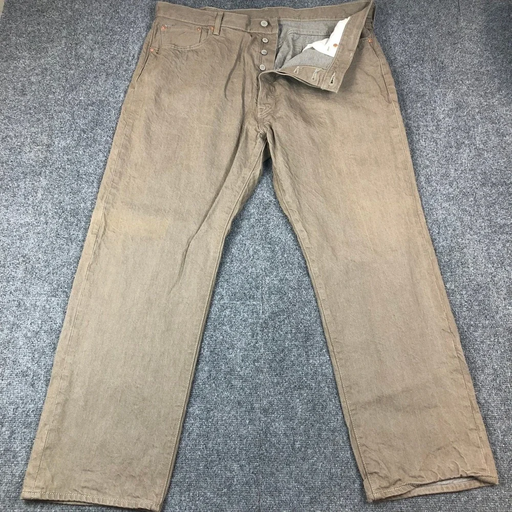 Levis 501 Original Fit Jeans Mens 42x32 Khaki Tan Brown Straight‎ Leg Button Fly